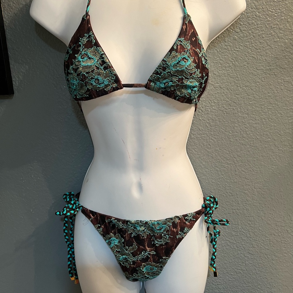 Beach bunny 🐰 bikini 👙 Brown blue leopard 2 piece bathing suit TopXS bottomXL